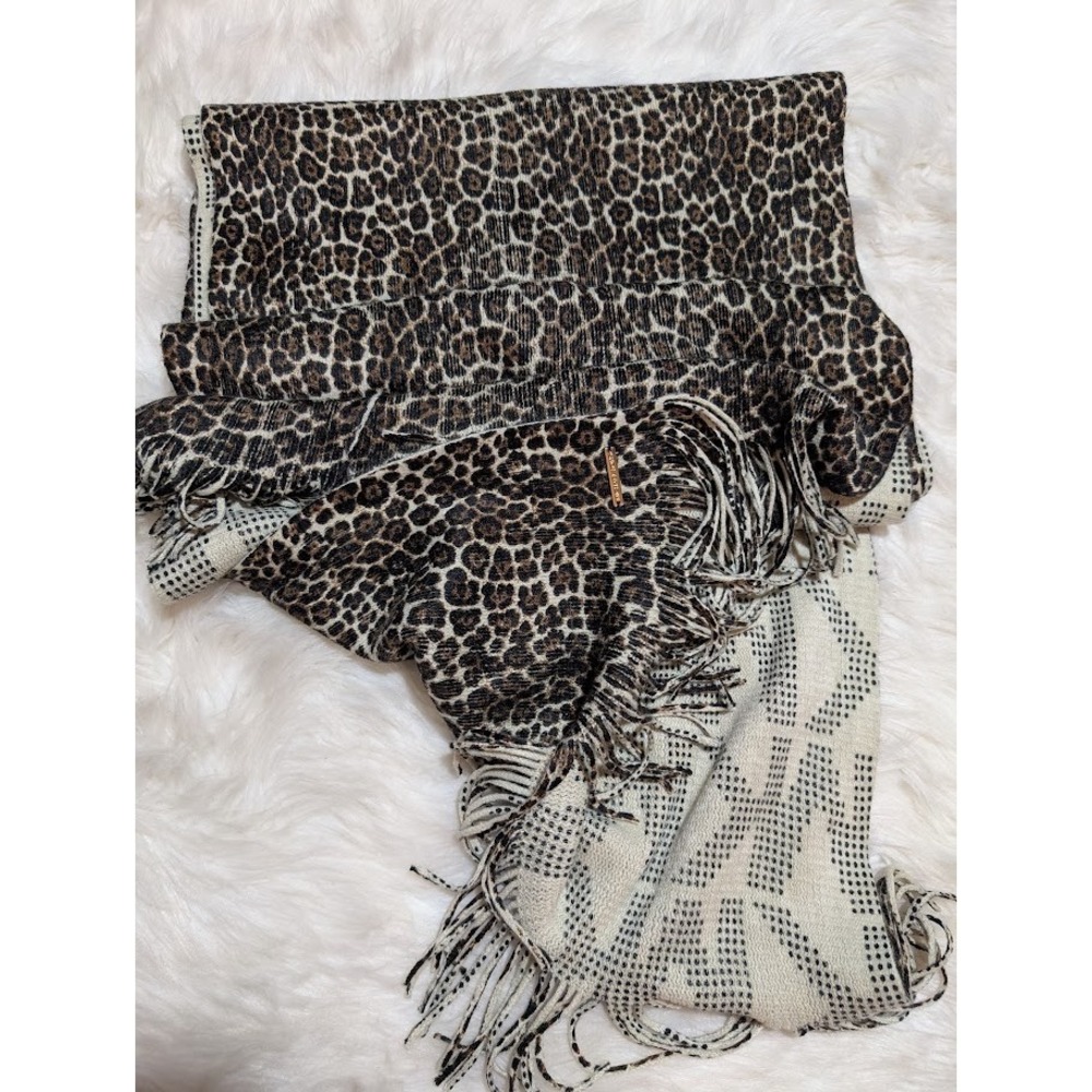 Michael Kors Reversible Scarf Leopard Print MK‎ Logo Fringe Trim